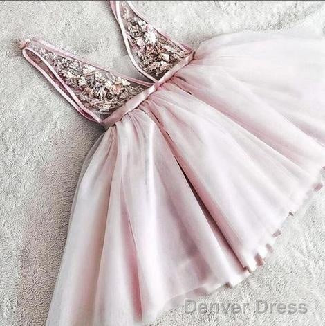 Princess V Neck Pink Appliques Short Homecoming Dresses, Cute Prom Gowns