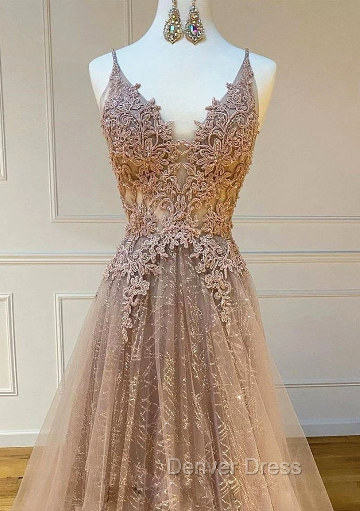 Princess V Neck Sweep Train Lace Tulle Yarn Prom Dresses With Glitter