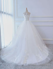 Princess Wedding Dresses Ball Gowns Lace Flowers Applique Sleeveless Bridal Gowns With Train