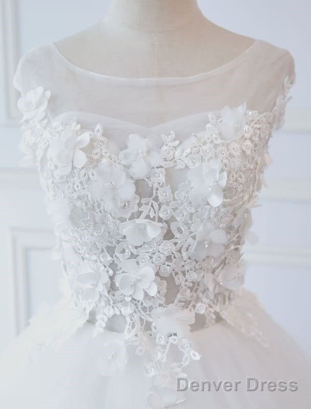 Princess Wedding Dresses Ball Gown Lace Flowers Applique Sleeveless Bridal Gown With Train