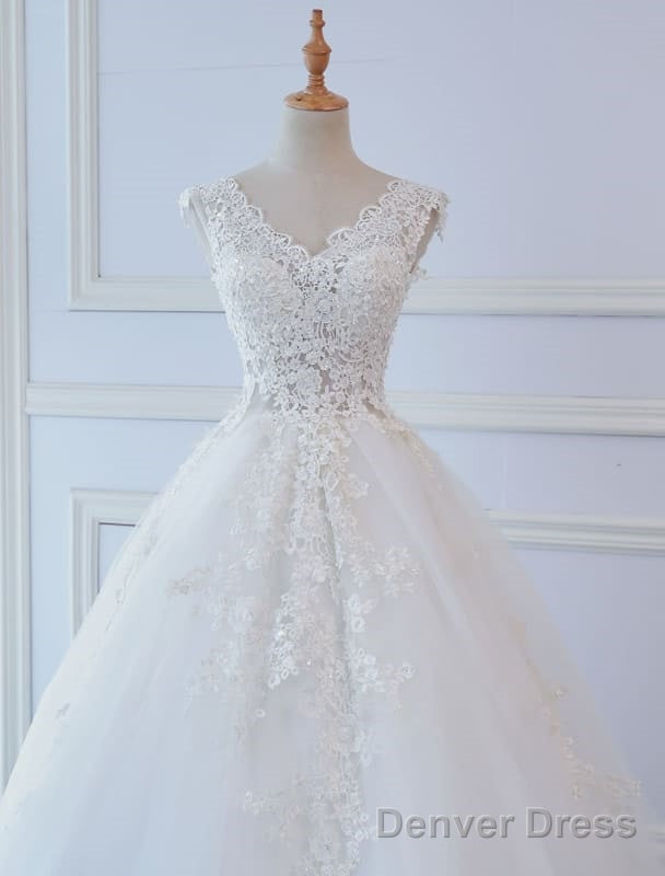 Princess Wedding Dresses Ball Gown Lace V Neck Sleeveless Floor Length Bridal Gown