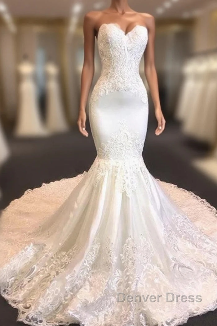 Princess White Sweetheart Mermaid Court Train Wedding Dresses Main image