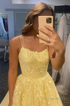 Princess Yellow Spaghetti Straps Prom Dresses