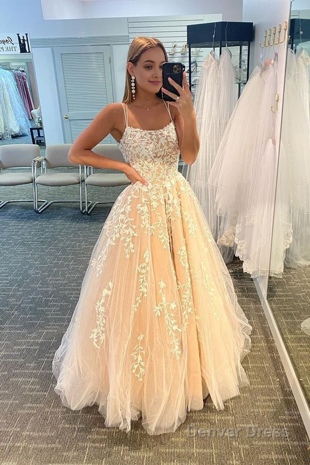 Princess Yellow Spaghetti Straps Prom Dresses