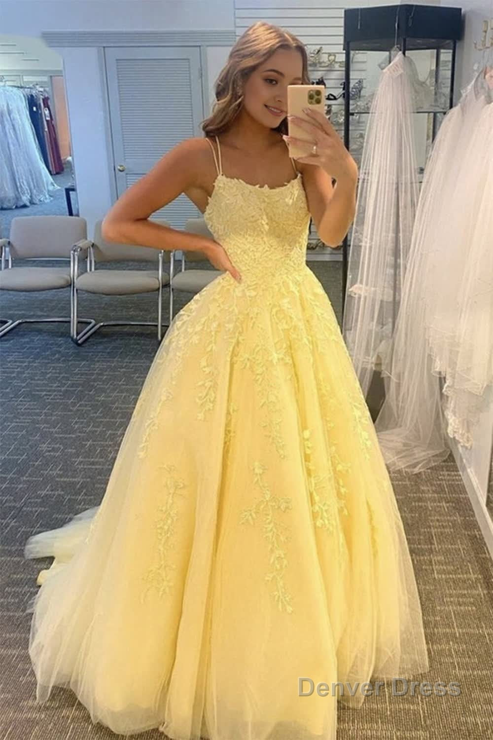 Princess Yellow Spaghetti Straps Prom Dresses Main image