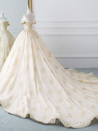 Princesse De Luxe Off The Shoulder Short Sleeve Beaded Sequins Appliques Luxury Princess Ball Gowns Wedding Dress Prom Dress