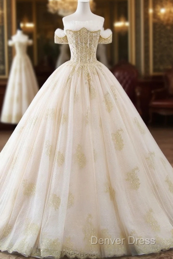 Princesse De Luxe Off The Shoulder Short Sleeve Beaded Sequins Appliques Luxury Princess Ball Gown Wedding Dresses Prom Dresses Evening Dresses Main image