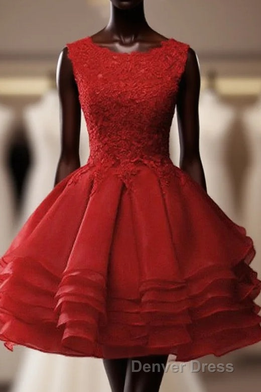 Red Round Neckline Layers Short Prom Dresses, Red Lace Homecoming Dresses