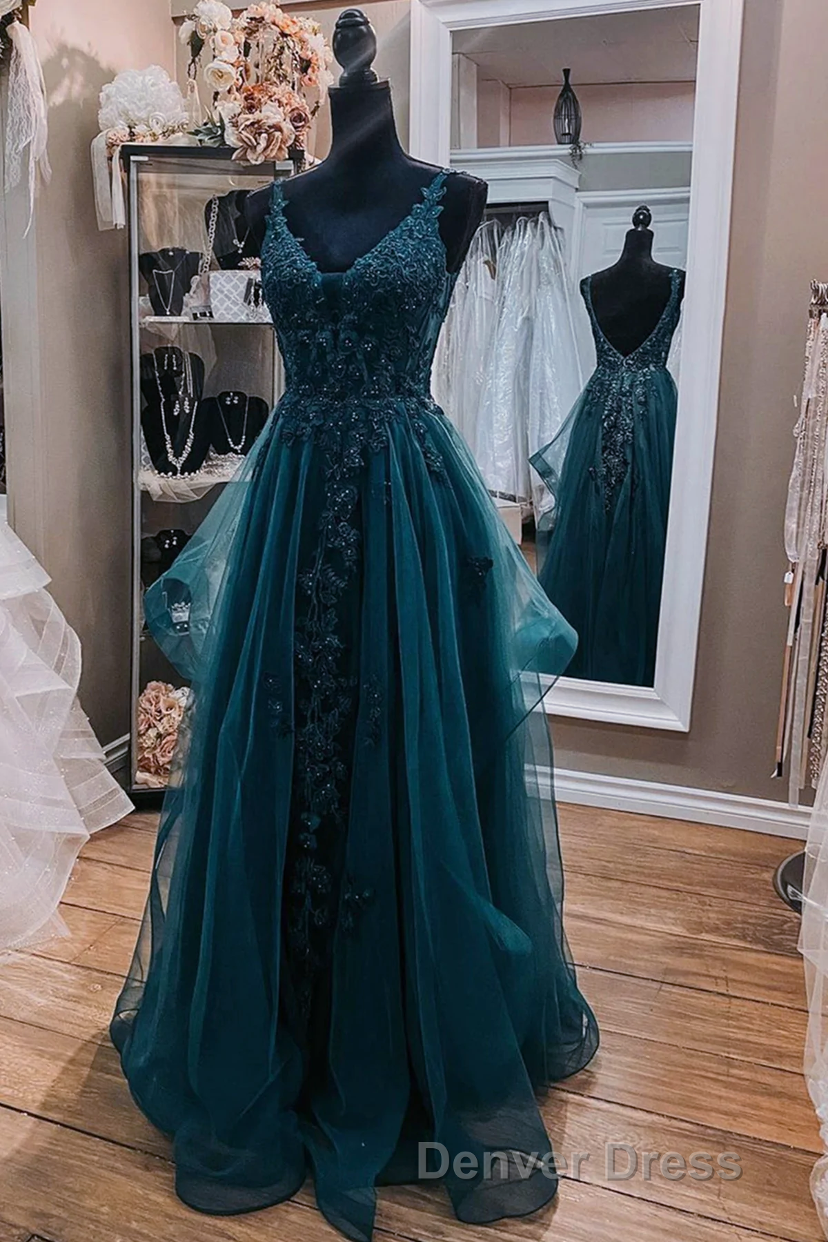 Teal Blue Tulle V-Neckline Long Party Dresses With Lace, Teal Blue Long Prom Dresses Secondary image