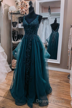 Teal Blue Tulle V-Neckline Long Party Dresses With Lace, Teal Blue Long Prom Dresses