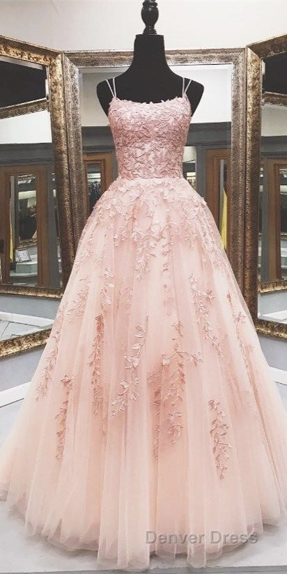 Lace Appliques Pink A LineTulle Long Prom Dresses With Straps Secondary image