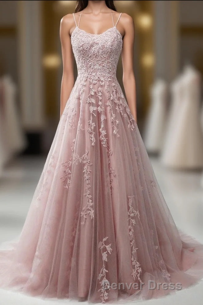 Pink Lace Applique A Line Elegant Spaghetti Straps  Prom Dresses Main image