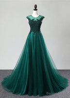 Deep Green Tulle Beaded Sweep Train Formal Prom Dress, Evening Dress