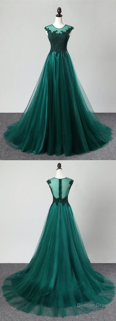 Deep Green Tulle Beaded Sweep Train Formal Prom Dress, Evening Dress Secondary image