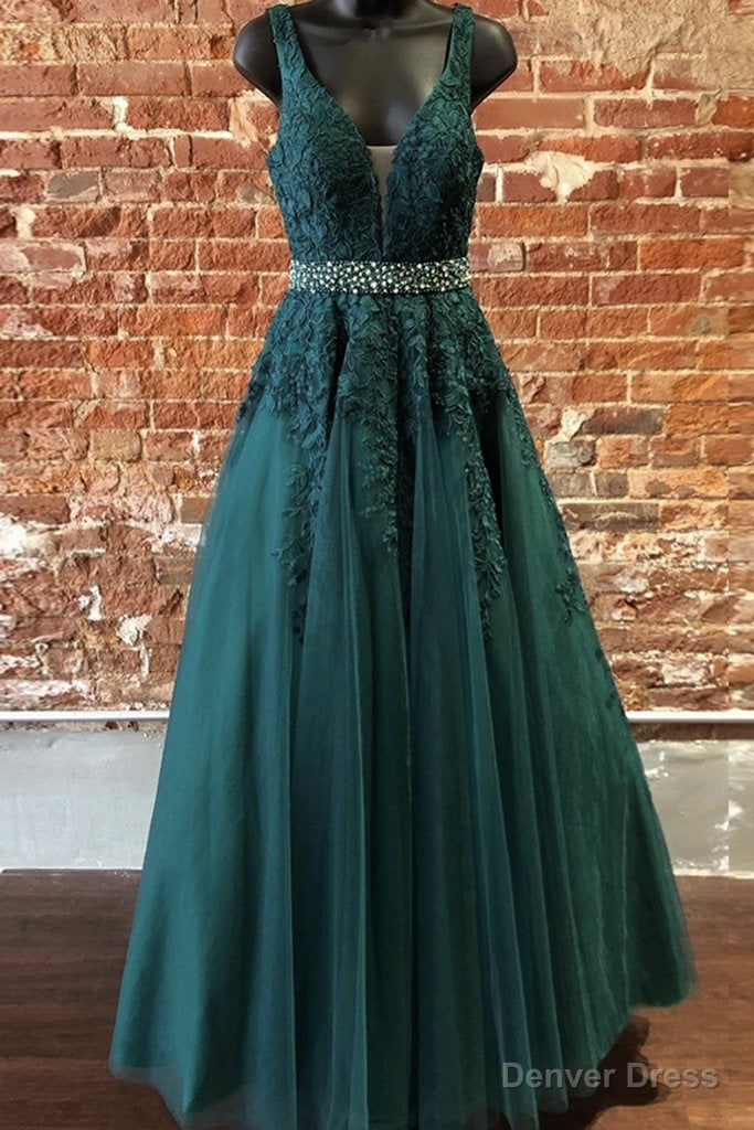 Deep Green Prom Dresses, Tulle Lace V Neck Long Prom Dress Formal Dress
