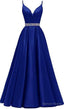 A Line Royal Blue Prom Dress, Satin Prom Dresses With Beading