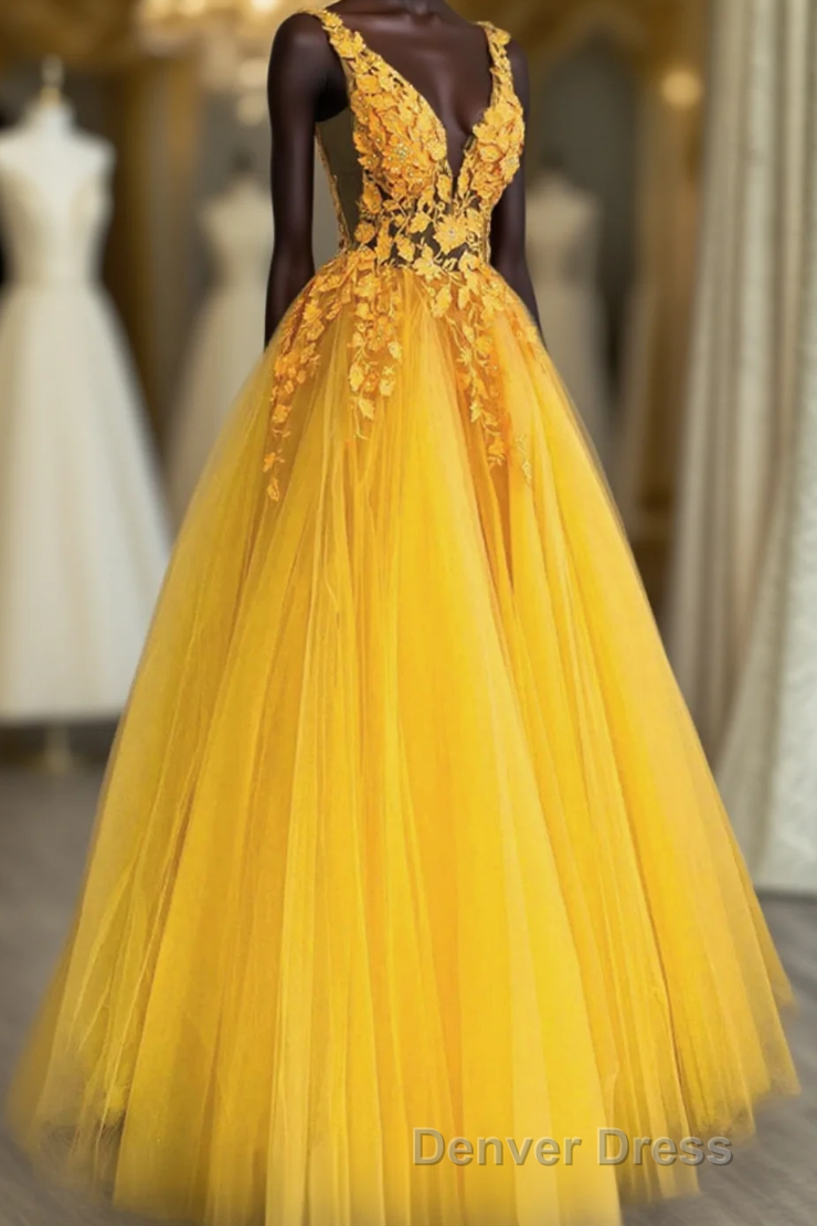 Yellow Tulle With Lace Applique Long Party Dresses, A-Line Yellow Formal Dresses