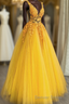 Yellow Tulle With Lace Applique Long Prom Dress, A Line Yellow Prom Dresses