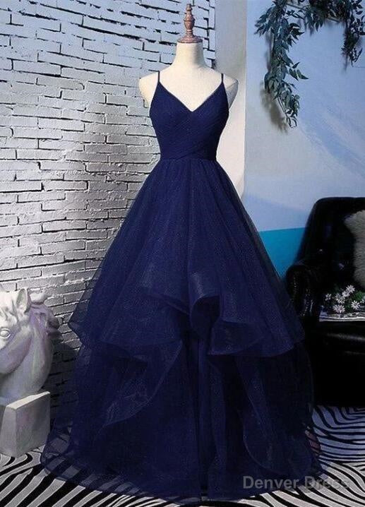 Pretty Navy Blue Prom Dress, Tulle Straps Long Prom Dresses Main image