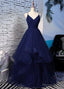 Pretty Navy Blue Prom Dress, Tulle Straps Long Prom Dresses