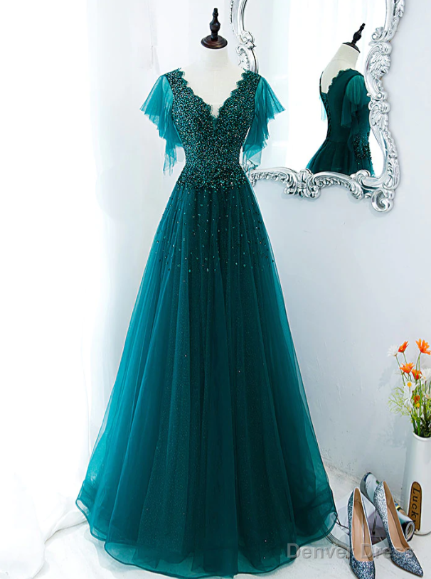 Green Prom Dress, V Neck Tulle Sequin Beads Long Prom Dress Hand Made Prom Dresses Main image
