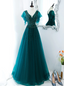 Green Prom Dress, V Neck Tulle Sequin Beads Long Prom Dress Hand Made Prom Dresses