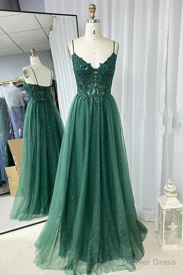 A-line Hunter Green Prom Dresses, Applique Straps Tulle Long Prom Dress Main image