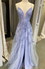 A-line Floral Lace V Neck Prom Dress With Slit