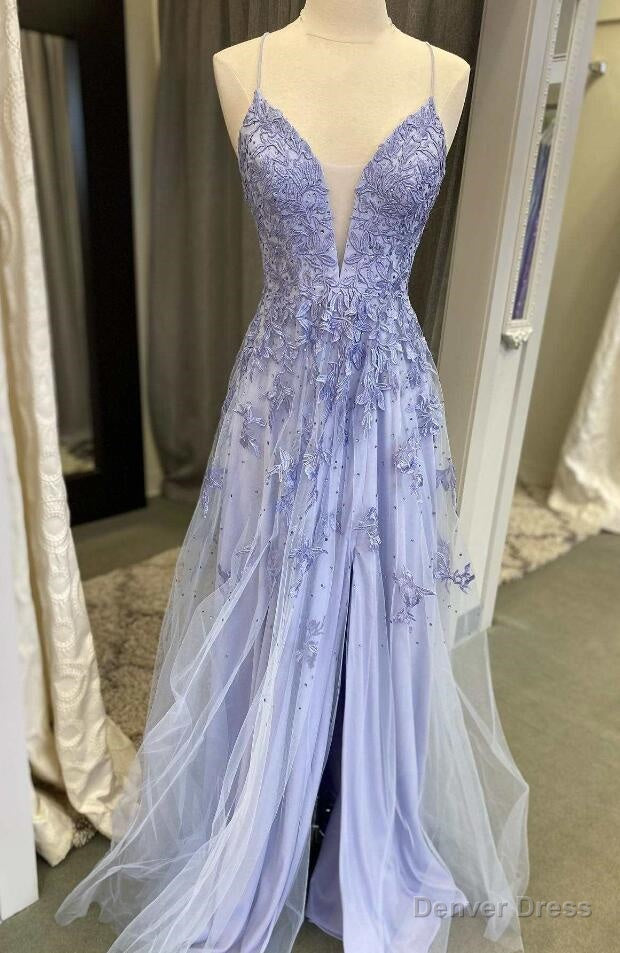 A Line Floral Lace V Neck Prom Dresses With Slit