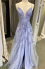 A Line Floral Lace V Neck Prom Dresses With Slit