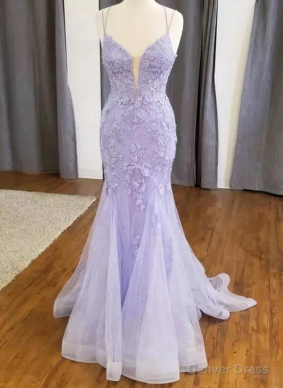 Straps Mermaid V Neck Tulle Appliques Lace Prom Dresses Secondary image
