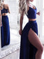 Two Piece Royal Blue V Neck Floor Length Sexy With Lace 2 Pieces Prom Dresses