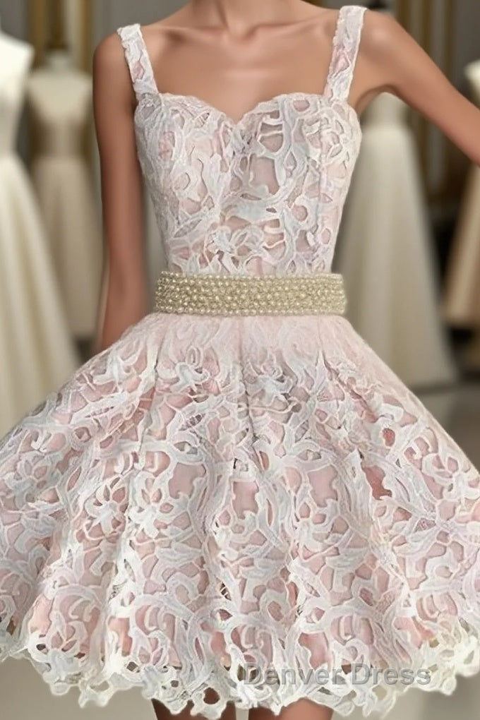 Adorable Two Piece A Line Lace Short Short Homecoming Dresses Main image