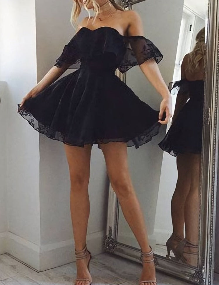 A Line Off The Shoulder Short Black Lace Black Homecoming Dresses Main image