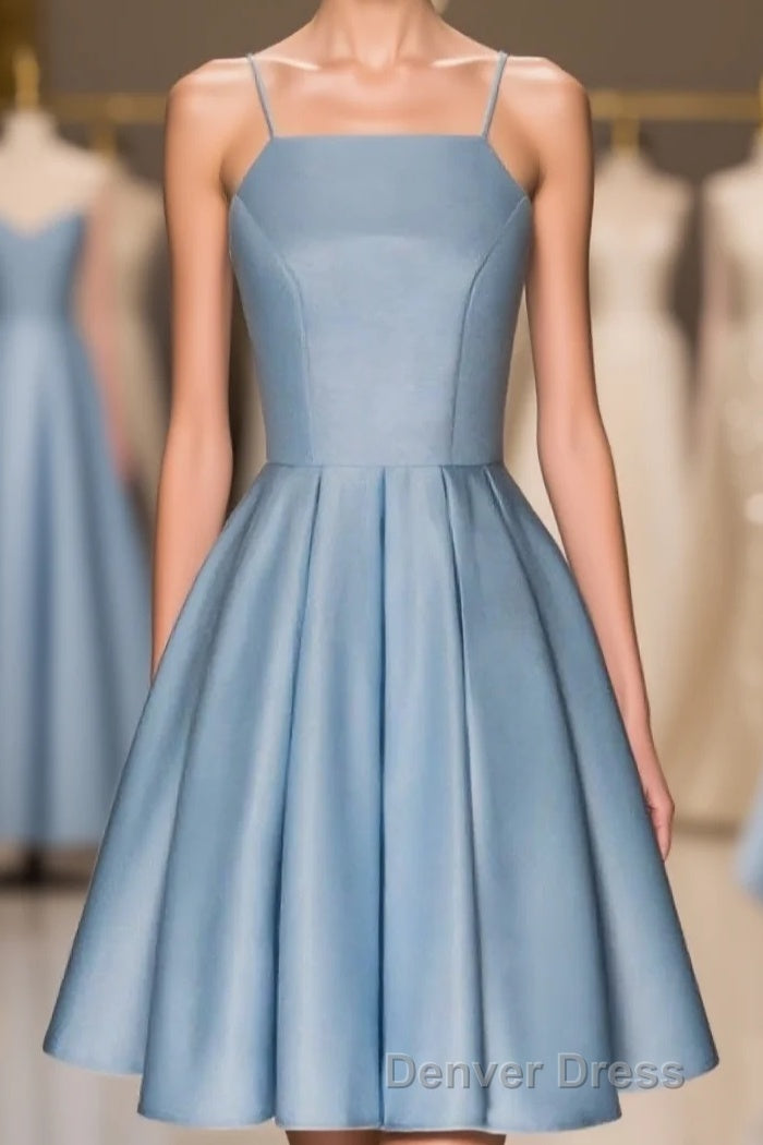 Sky Blue A Line Satin Blue Spaghetti Straps Short Prom Dresses