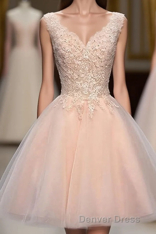 Princess V Neck Tulle Short Mini Appliques Lace Sweet Prom Dresses Main image