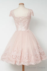 Vintage Knee Length A Line Pearl Pink Lace Homecoming Dresses