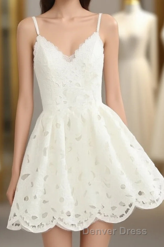 Cute White Lace Short Lace Spaghetti Straps Prom Dresses