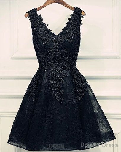 black v neck beading homecoming Dress v neck short prom Dress sleeveless short lace appliques layers cocktail Dresses Main image