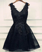 black v neck beading homecoming Dress v neck short prom Dress sleeveless short lace appliques layers cocktail Dresses