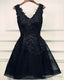 black v neck beading homecoming Dress v neck short prom Dress sleeveless short lace appliques layers cocktail Dresses