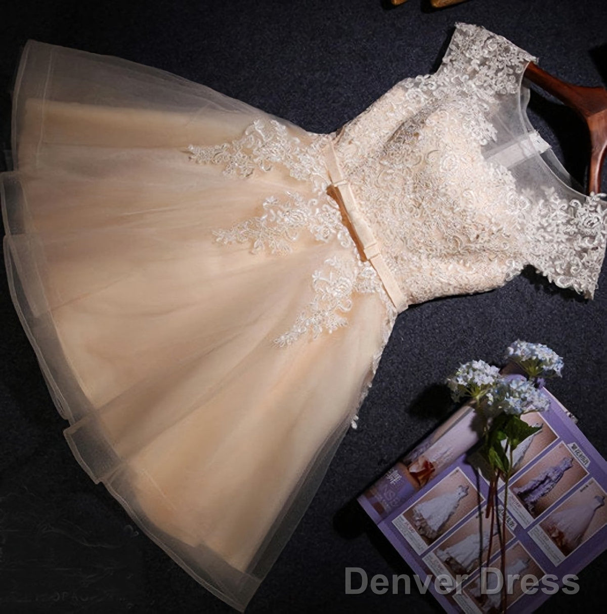 Champagne Lace Short s Cap Sleeve Prom Dresses