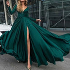 Sexy Deep V Neck Long Sleeves 2026 Leg Split Green Prom Dresses