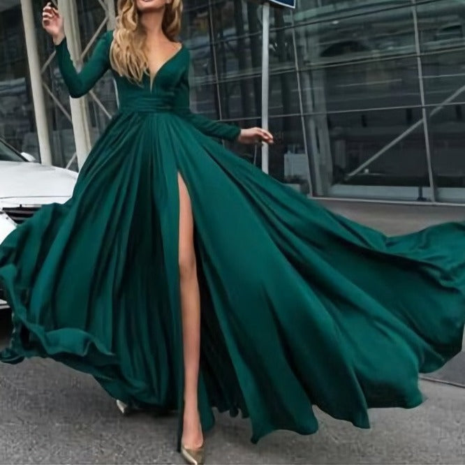 Sexy Deep V Neck Long Sleeves 2026 Leg Split Green Prom Dresses