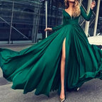 Sexy Deep V Neck Long Sleeves 2026 Leg Split Green Prom Dresses