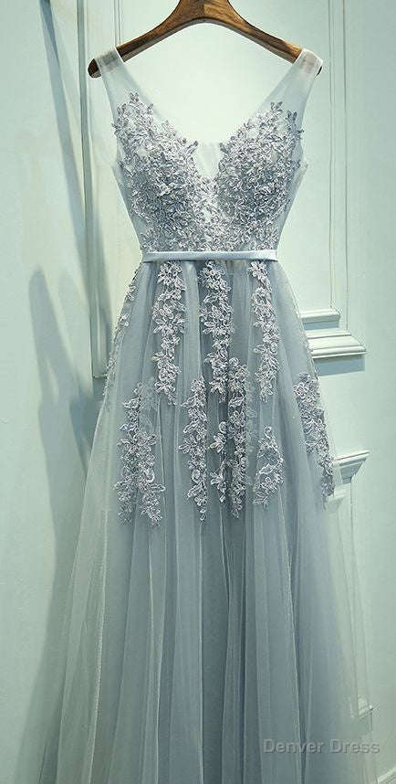 A Line V Neck Tulle Sleeveless Prom Dress, Gray Prom Dress With Lace V Neck Homecoming Dress, Prom Dress Main image