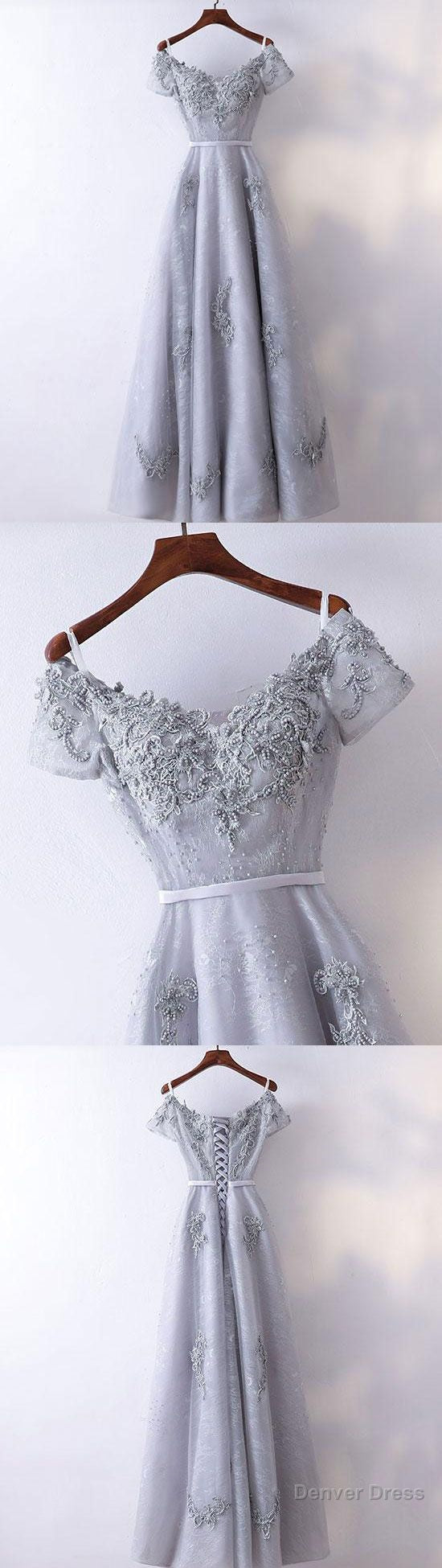 Gray V Neck Tulle Lace Applique Long Prom Dress, Lace Prom Dress, Gray Bridesmaid Dresses