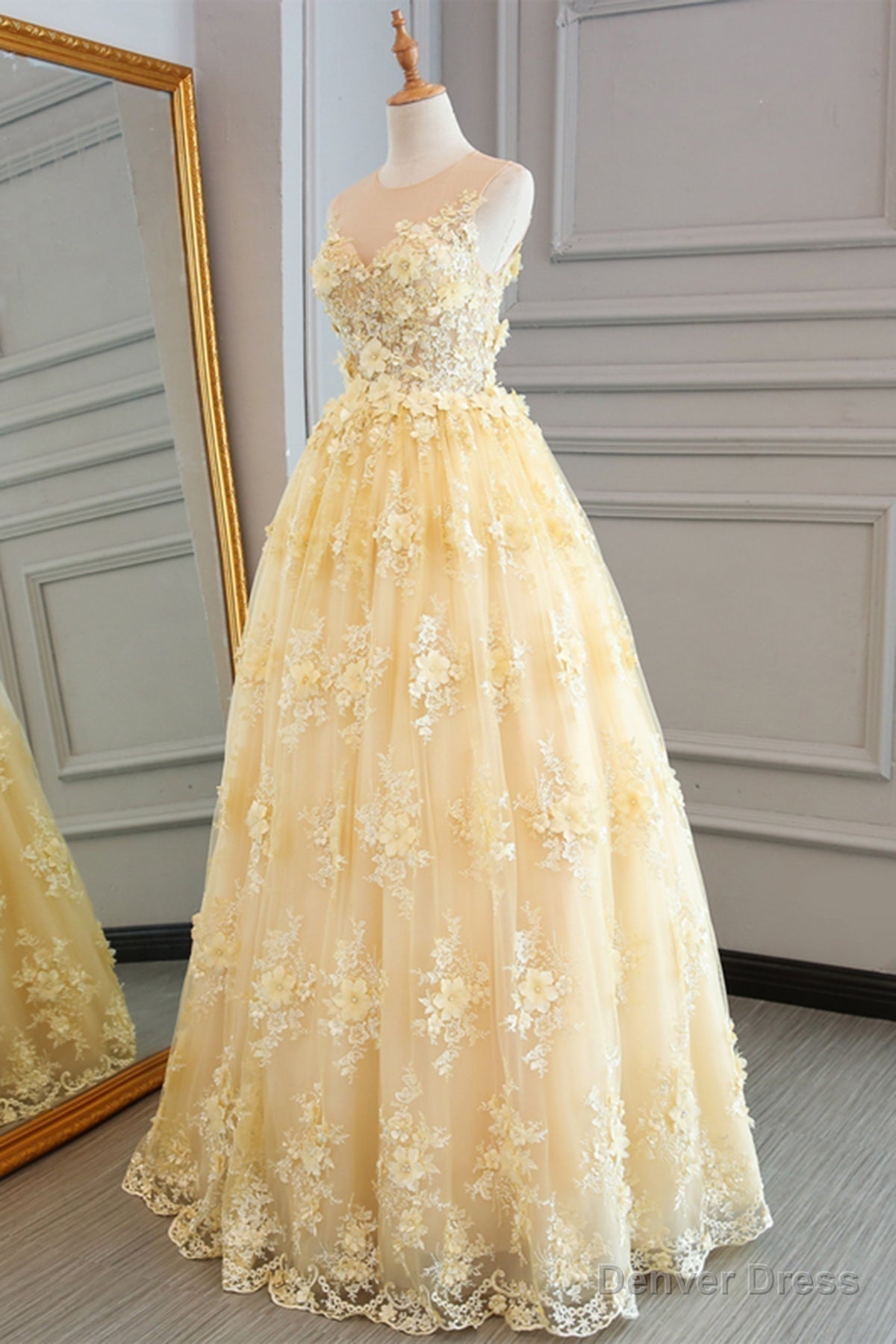 Yellow Lace Customize Long A Line Senior Halter Prom Dresses Main image