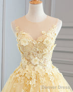 Yellow Lace Customize Long A Line Senior Halter Prom Dresses