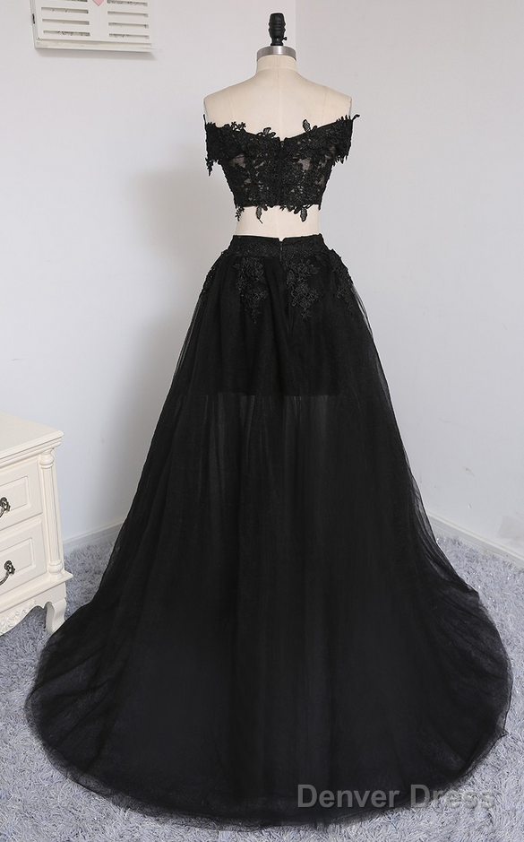 Two Pieces A-line V-neck Cap Sleeves Tulle Lace Slit Long Women Prom Dresses Prom Evening Gown Secondary image
